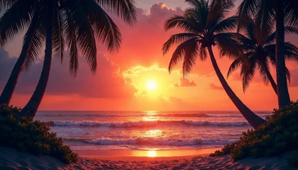 Fotobehang Tropical beach at sunset with sparkling ocean, light sand, and a blurred horizon.        © abu