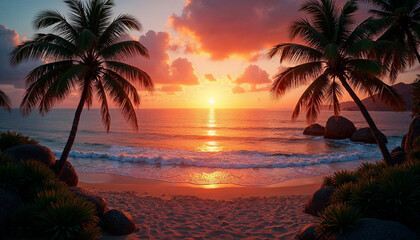Tropical beach at sunset with sparkling ocean, light sand, and a blurred horizon.






