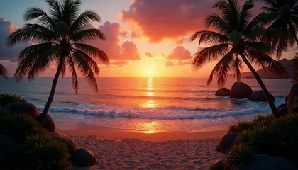 Gardinen Tropical beach at sunset with sparkling ocean, light sand, and a blurred horizon.        © abu