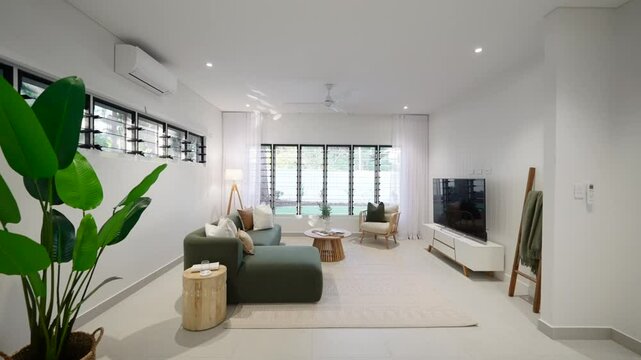 Modern loungeroom interior with stylish furnishings and natural light in a luxury small home. Interior of house home staged for real estate.