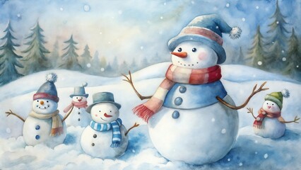 Snowmen celebrating winter joy in a snowy landscape
