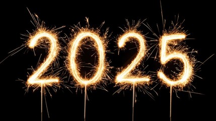 Golden fireworks illuminate the night sky as they spell out the year 2025 in sparkler numbers, creating a festive New Year's atmosphere