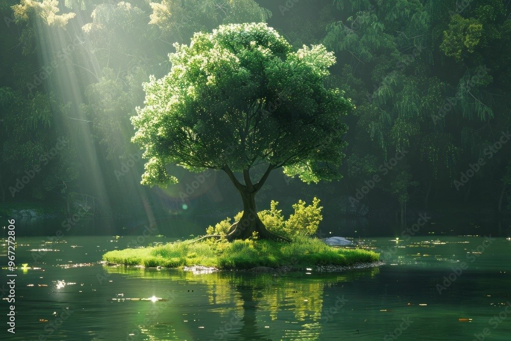 Poster isolated tree in serene waters surrounded by lush greenery and soft sunlight filtering through the b