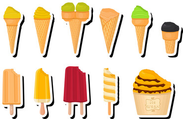 Illustration on theme big kit ice cream popsicle different types in cone waffle cup