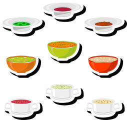 Illustration on theme big set various types beautiful tasty edible hot homemade soups