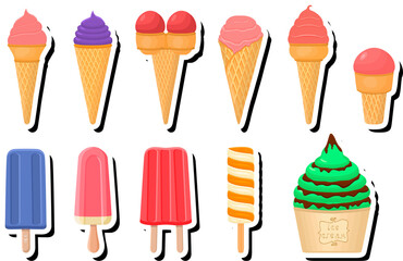 Illustration on theme big kit ice cream popsicle different types in cone waffle cup
