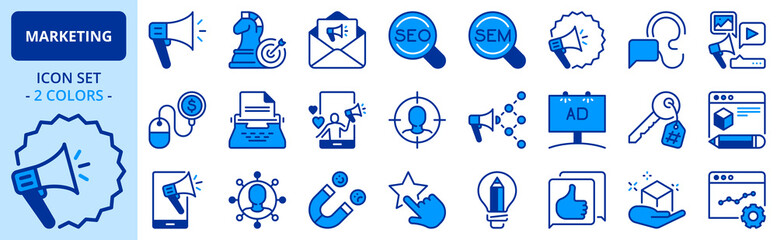 Icons in two colors about marketing. Communication concept.