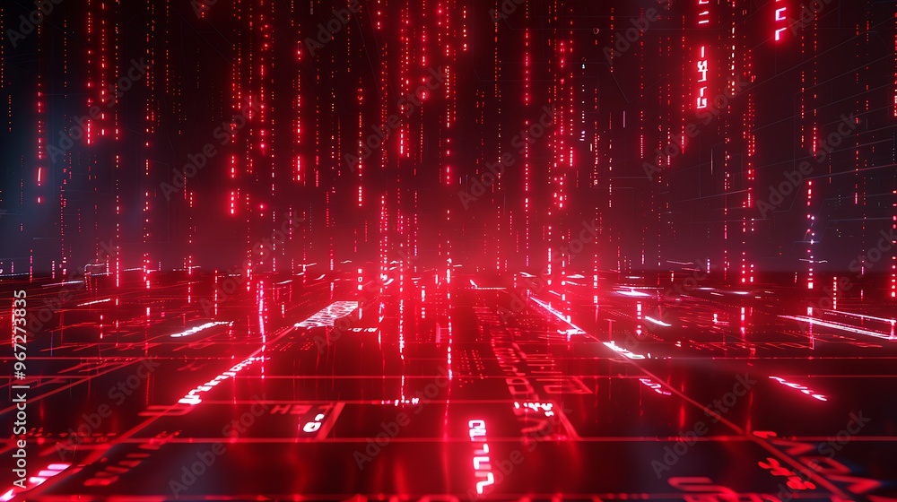 Aufkleber futuristic red digital matrix background with glowing data streams. ideal for technology, sci-fi, an