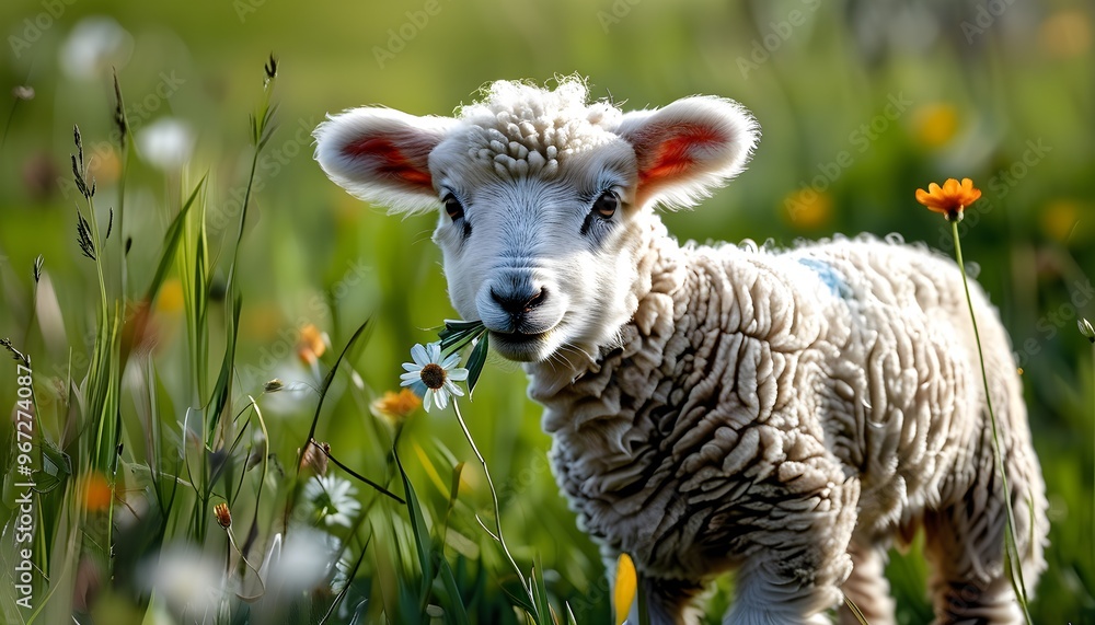 Wall mural charming lamb munching on blooms in a vibrant meadow