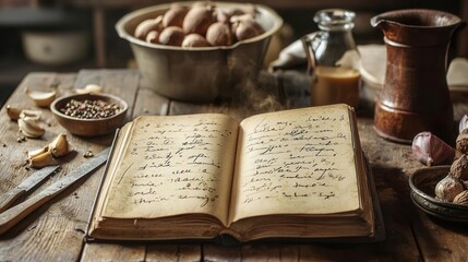 Old-fashioned recipe book with handwritten notes, classic recipe, culinary heritage