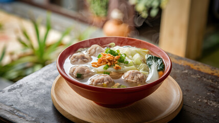 A photo of a bowl of steaming hot bakso soup. The soup is clear and filled with tender meatballs. There are also vegetables like cabbage and bok choy in the soup. On top of the soup