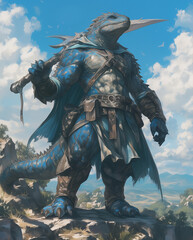 Naklejka premium determined lizard warrior gripping a large axe in a commanding stance overlooking a vast mountainous landscape