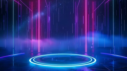 Futuristic stage with neon lights and mist. Ideal for music, events, or technology themes. Stage for product presentation.