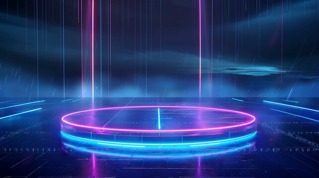 Futuristic stage with neon lights and illuminated circular platform, ideal for virtual events and creative presentations. Stage for product presentation.