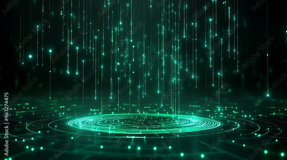 Poster mesmerizing green digital background with glowing particles and circular patterns, perfect for techn