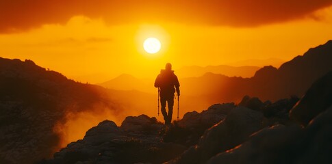 Hiker Silhouette Against Majestic Sunset