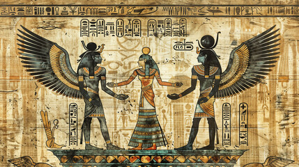 Ancient Egyptian papyrus depicting winged deities and a pharaoh. Hieroglyphics border the scene. Golden figures with  headdresses stand on a decorative base. Mythological artwork rich in symbolism