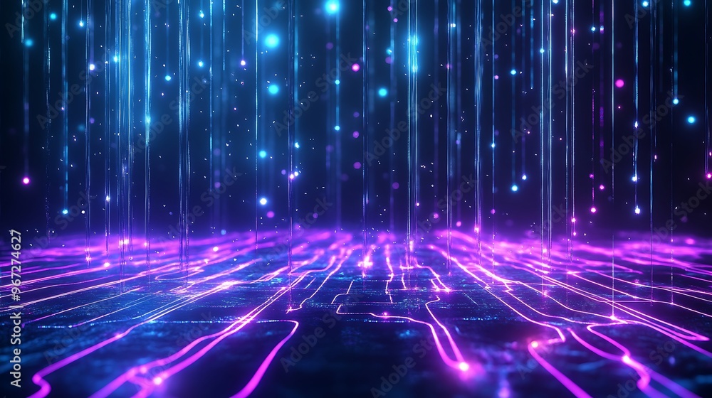 Poster vibrant abstract background featuring glowing lines and luminous particles, creating a mesmerizing d