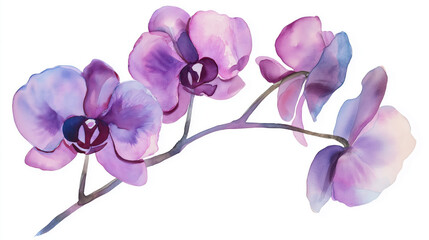 Beautiful watercolor orchid branch with delicate purple and pink petals, ideal for floral designs and nature-themed projects.