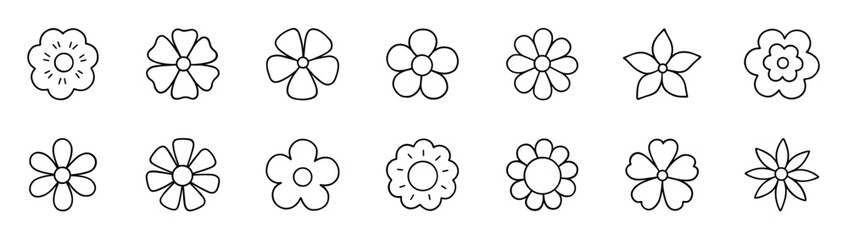Flower doodle icons set.  Floral spring collection in sketch style. Hand drawn vector illustration isolated on white background