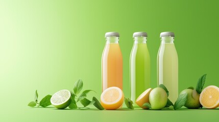 Colorful fruit juices in glass bottles with fresh citrus fruits on a vibrant green background, perfect for summer refreshment.