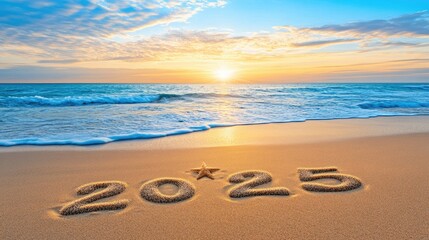 Celebrate the New Year 2025 with the sunset over a tranquil beach featuring beautiful sand inscriptions on the shore