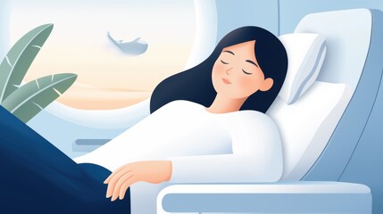 A peaceful woman resting comfortably in an airplane seat, enjoying a serene moment during her travel adventure.