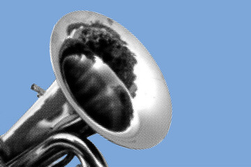 close up of trumpet pixelate color halftone dotted texture style collage element isolated on blue background