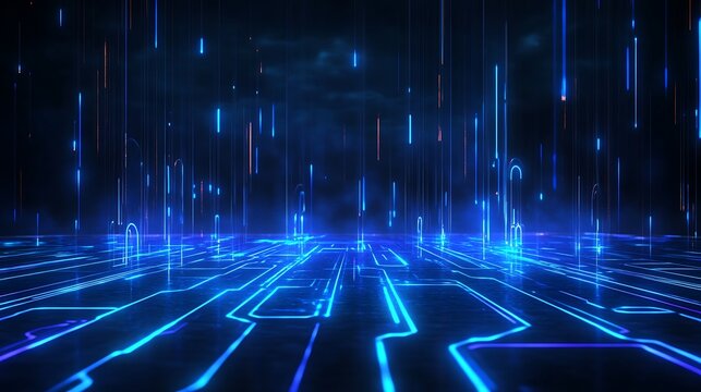 Vibrant blue digital background with glowing lines and particles, ideal for technology and futuristic themes. Stage for product presentation.