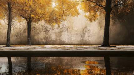 Beautiful environment with autumn trees and concrete walls