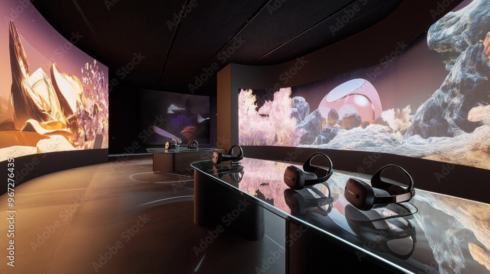 Poster modern virtual reality lounge displaying dynamic nft art and advanced vr technology