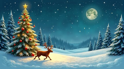Beautiful Christmas Illustration with a Decorated Tree and Reindeer under a Full Moon in a Snowy Forest
