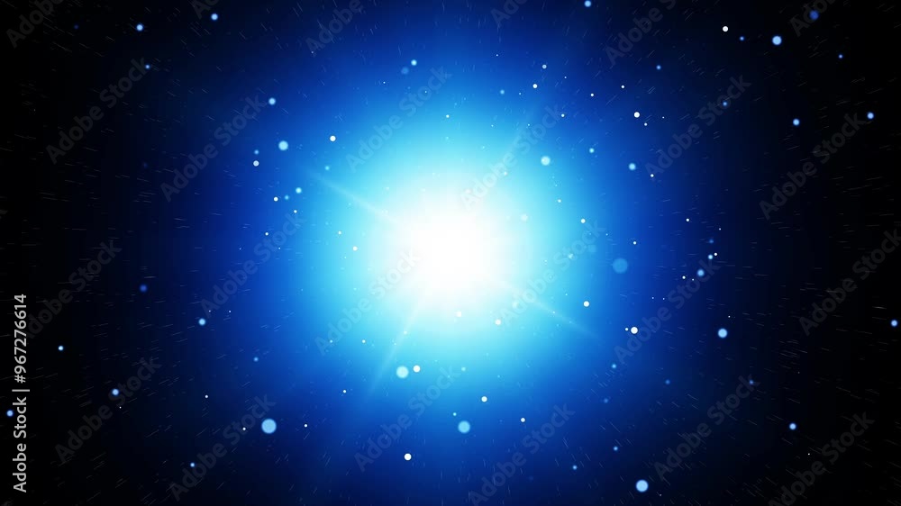 Poster cosmic light burst: zooming particles and shimmering star rays in a dynamic blue atmosphere of float