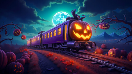 A train with a pumpkin on the front of it traveling through a field of pumpkins
