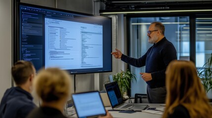 Cybersecurity training session in a modern office with colleagues engaged in learning about password management
