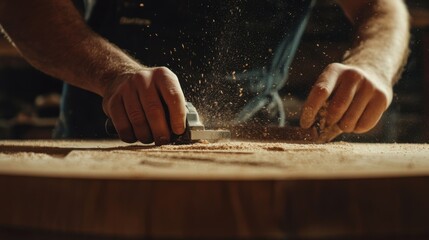 A skilled craftsman shaping wood with a hand planer, creating fine shavings in a rustic workshop.