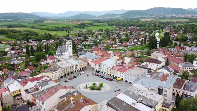Panorama Of Sigmund Freud Square With Fountain In Pribor City Centre, Moravian-Silesian Region, Czech Republic. Aerial Shot
