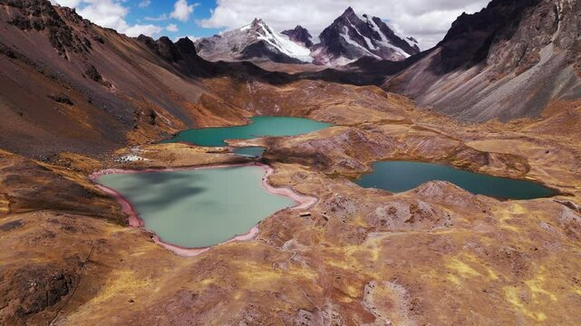 7 lagoons of Ausangate in Cusco Peru. Panoramic drone view