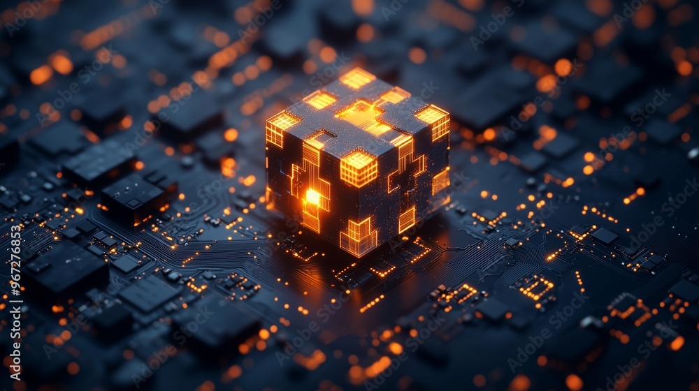 Poster abstract futuristic technology background with glowing puzzle pieces forming an illuminated cube on 
