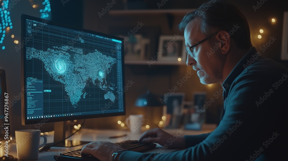 Poster middle-aged man configures vpn at home office while focusing on cybersecurity practices during remot