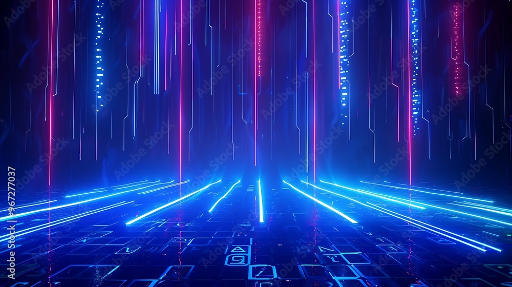 Poster vibrant digital scene with neon blue and pink lights creating a futuristic atmosphere for tech and d