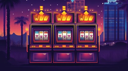 A vibrant vector illustration of winner slots icons and a slot machine sign in a dynamic night-time Vegas setting. The design captures the excitement and glitz of Las Vegas with its iconic slot symbol