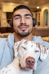young man smiles looking at the camera with his dog asleep on the sofa in his living room listening to music with headphones, warmth, winter, care, pets, relax, vertical, trust, love, happiness,