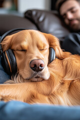 young man sleeps peacefully on the sofa while his dog sleeps with his owner's headphones in the living room listening to music, warmth, winter, care, pets, peace, relax, vertical, love, happiness,