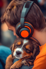 young boy with his dog on his shoulder in his living room listening to music with headphones, puppy, warmth, winter, care, pets, peace, relax, vertical, trust,