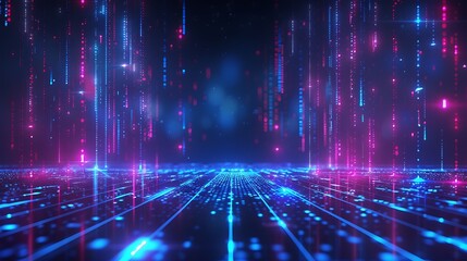 Fototapeta premium Vibrant futuristic digital landscape with glowing lines and particles, creating an immersive and dynamic atmosphere. Stage for product presentation.