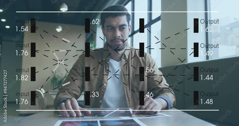 Poster animation of data processing over biracial businessman having video call