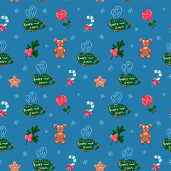 Christmas seamless pattern with elements cookies, gift bag, candy, candles, sweater, viburnum, snowman, cup of hot tea. Hand drawn, vector