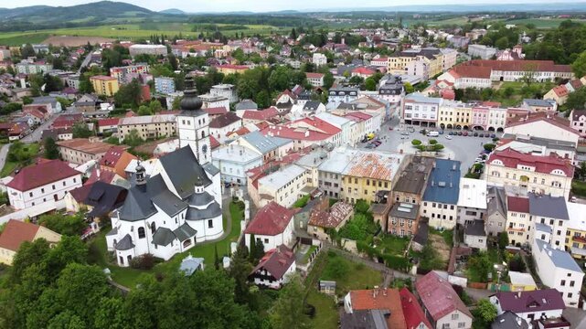 Famous Virgin Mary Church And Medieval Town Of Pribor, Moravia, Czech Republic. Aerial Wide Shot