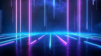 Fototapeta premium Vibrant neon light beams create a futuristic atmosphere in a dark environment, perfect for a sci-fi themed background. Stage for product presentation.